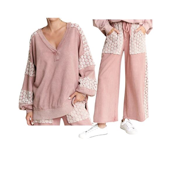 Jher Mineral Wash Pink Light Mauve Floral Daisey Lace Crochet Athleisure Set - Picture 1 of 7